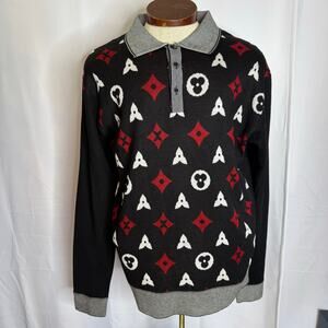 Royal Prestige Black Red Monogram Knit Polo Sweater XL Mens Retro Streetwear